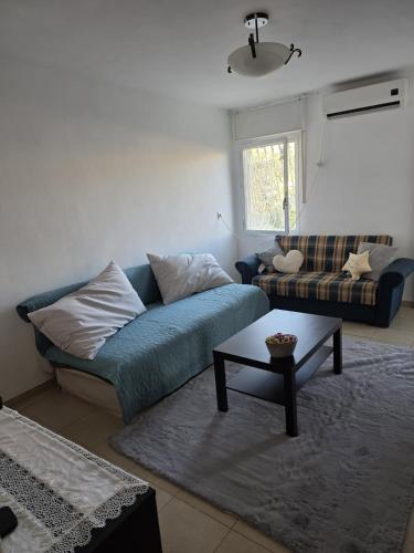 エルサレムにあるJerusalem apartmentの青いソファとテーブルのあるリビングルーム