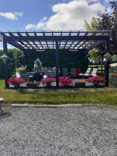 a pergola with furniture and flowers in a yard at Seven Stars B&B in Portarlington