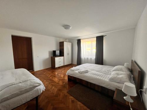 a bedroom with two beds and a television in it at Casa Cheilor in Petreştii de Jos