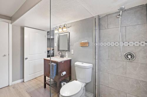 a bathroom with a toilet and a shower at Central Huge Duplex - Sleeps 16 in Wheat Ridge