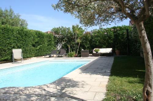 - une piscine dans une cour avec un arbre dans l'établissement Villa avec piscine, à La Ciotat