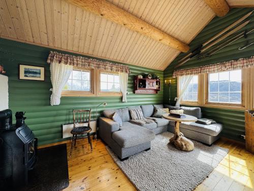 a living room with green walls and a couch and a table at Cottage Yard - cozy Cabin in Geilo