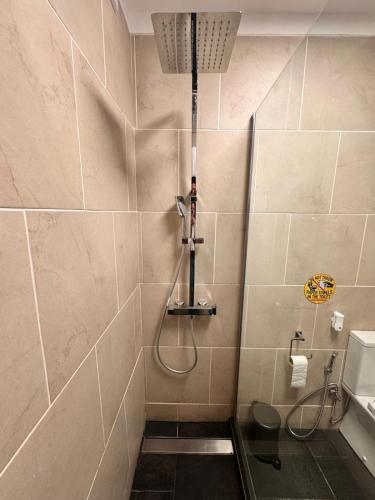 a bathroom with a shower with a toilet and a sink at Bica Boa in Monchique