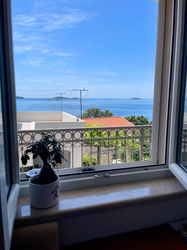 a window with a potted plant sitting on a window sill at Apartments Grbic in Mlini