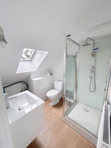 une salle de bain blanche avec douche et toilettes dans l'établissement Le Mary - Côté Mairie, à Compiègne