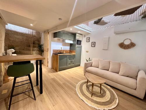 un salon avec un canapé et une table dans l'établissement Splendide appartement troglodyte à 5 min du centre, à Poitiers