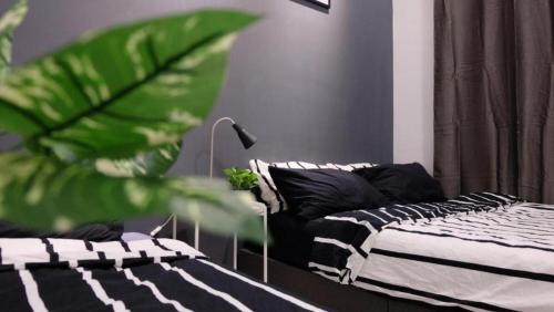 a room with two beds and a couch with a plant at Puchong Skypod 9pax Near Sunway in Puchong