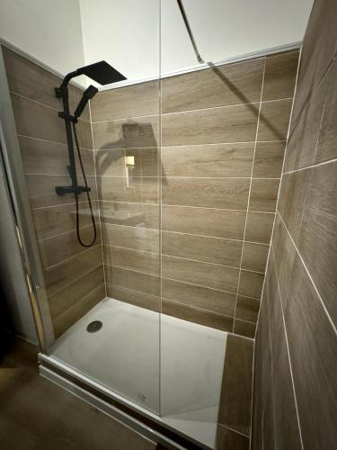 une douche avec une porte vitrée dans une salle de bain dans l'établissement Les Suites Schwendi en Hypercentre, à Colmar