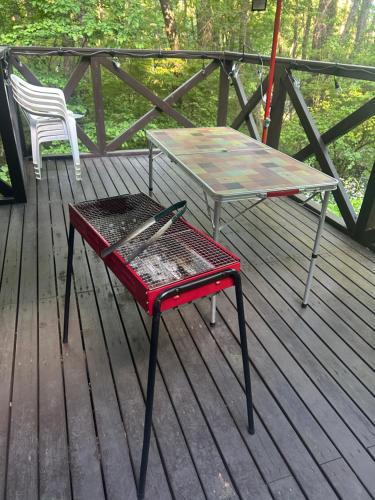 a table and a chair on a deck at 森の中で仲間や家族とゆっくり過ごせる温泉付コテージ 会員制別荘地で広大なプライベート空間 ペット可 那須高原りんどうハウス in Nasu