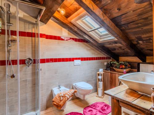 a bathroom with a shower and a toilet and a sink at Chalet Baita Ballardini by Interhome in Ragoli