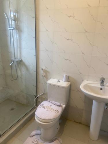 a bathroom with a toilet and a sink at ADES Home in Lekki
