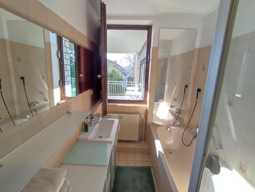 Un baño con lavabo, bañera y espejo. en Charming Apartment with a Tranquil Balcony Garden View, en Wiesbaden