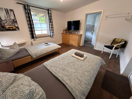 a hotel room with two beds and a television at Eickhof Ferienzimmer No2 mit Bad, Parkplatz - Ferienhof Günter in Warnow