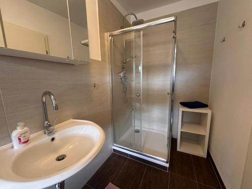 a bathroom with a sink and a shower at Eickhof Ferienzimmer No2 mit Bad, Parkplatz - Ferienhof Günter in Warnow