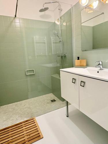 une salle de bain avec une douche, un lavabo et un miroir dans l'établissement Le cocon Saint Denis, à Amboise