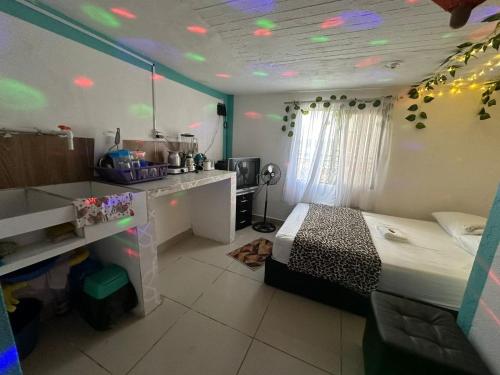 a room with a bed and a kitchen in it at DESTINY Apto Parque in San Rafael