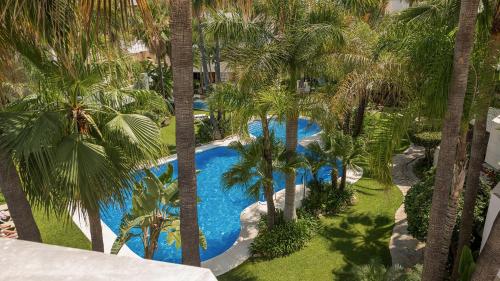 an overhead view of a resort pool with palm trees at Molo Residences Boutique Apartments & Spa in Marbella