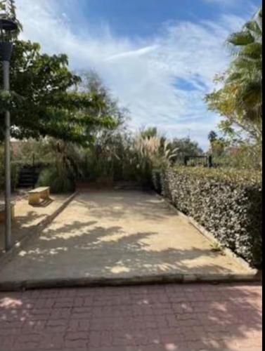 un trottoir à côté d'un mur avec un arbre dans l'établissement Résidence primavera cap d agde, au Cap d'Agde