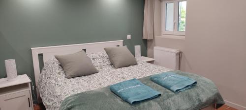 una camera da letto con un letto con due cuscini sopra di La Bastide, Chambre d'hôtes a Castagniers