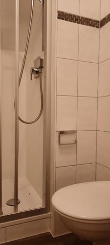 un baño con ducha y WC en Selbstversorgerhütte N 15 Kleinwalsertal, en Hirschegg