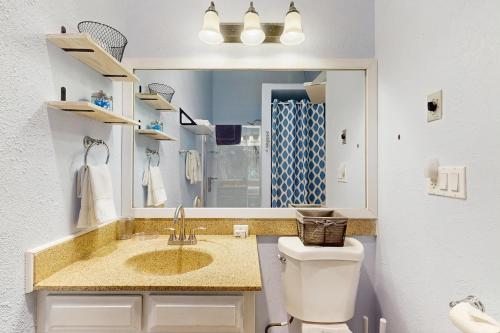 a bathroom with a sink and a toilet and a mirror at Tucked Away Getaway in Kimberling City