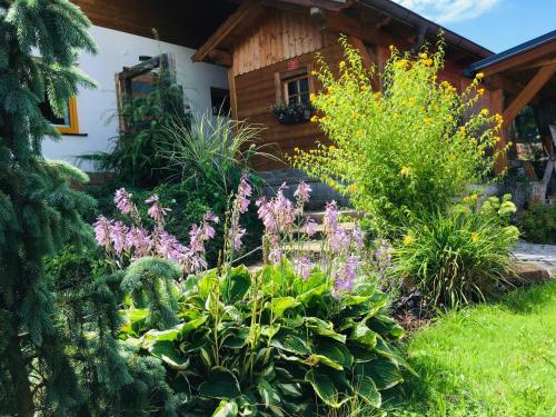 a garden with flowers in front of a house at Jihočeská Salaš in Čakov