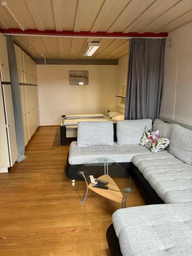 ein Wohnzimmer mit 2 Sofas und einem Bett in der Unterkunft Ferienwohnung Monteurswohnung für 1 bis 8 Personen in Diebach