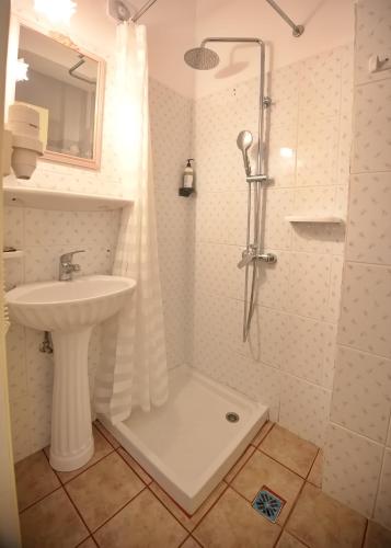 a bathroom with a shower and a sink and a shower at Liadromia Hotel in Patitiri