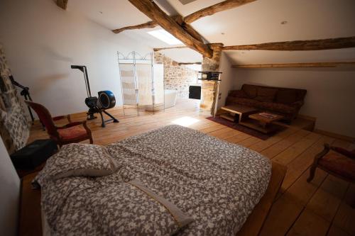 une chambre avec un lit et un canapé dans une pièce dans l'établissement Old wine storehouse and its outbuilding, à Gabian