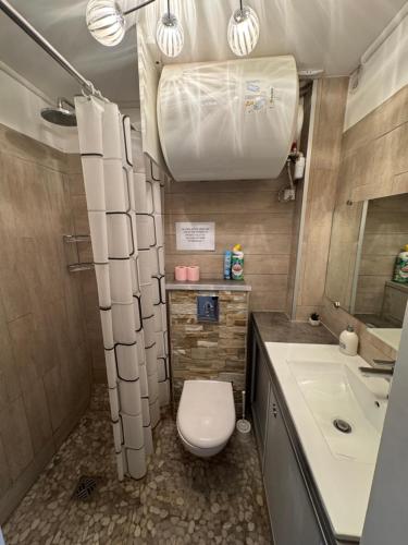 une petite salle de bain avec toilettes et lavabo dans l'établissement Studio cosy climatisé vue sur port, au Cap d'Agde