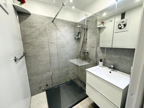 une salle de bain avec une douche, un lavabo et un miroir dans l'établissement Le barquier, à Antibes