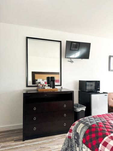 a bedroom with a dresser with a mirror and a bed at Riverwood Resort on the Gunnison in Delta