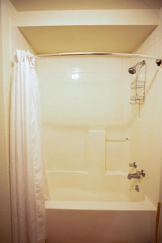a bathroom with a bath tub with a shower curtain at Riverwood Resort on the Gunnison in Delta