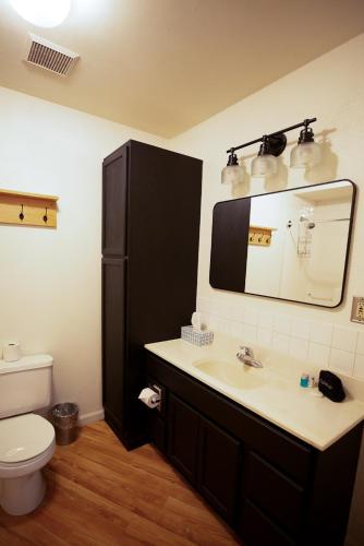 a bathroom with a sink and a toilet and a mirror at Riverwood Resort on the Gunnison in Delta