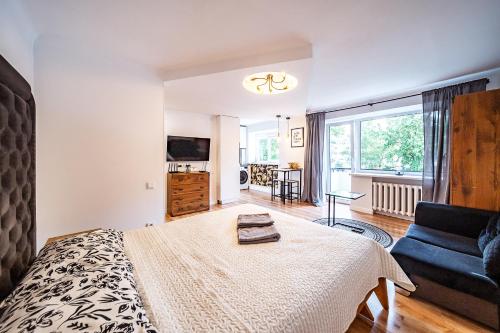 a bedroom with a bed and a couch at Hugo apartment in Šiauliai