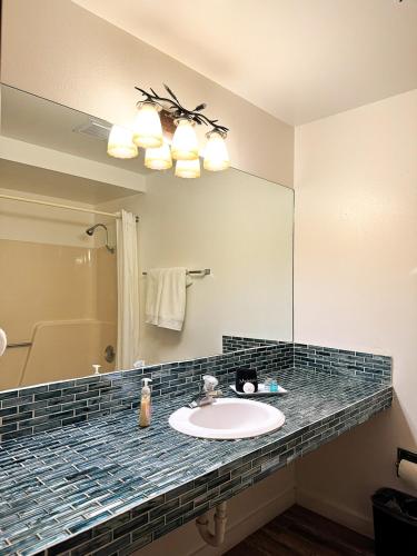 a bathroom with a sink and a mirror at Riverwood Resort on the Gunnison in Delta
