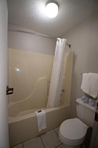 a bathroom with a toilet and a tub and a sink at Days Inn by Wyndham Caddo Valley Arkadelphia in Caddo Valley