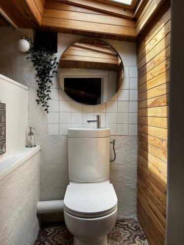 La salle de bains est pourvue de toilettes blanches et d'un miroir. dans l'établissement La MaisonLight Airy Home in the Heart of Pzenas Fontaine, à Pézenas