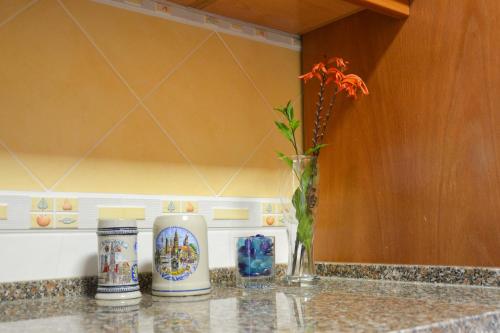 a vase of flowers on a counter in a kitchen at Casa Campo e Praia by DolceStay - V4 no Meco a 5min da Praia com Jardim & BBQ in Sesimbra