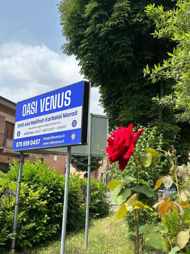 a blue sign with a red rose next to a building at Oasi Venus Perugia e Assisi in Ponte San Giovanni