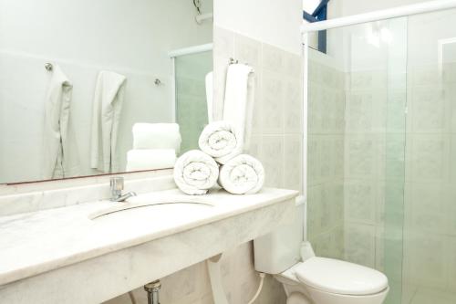 a bathroom with a sink and a toilet and a mirror at Apartamento Búzios in Búzios
