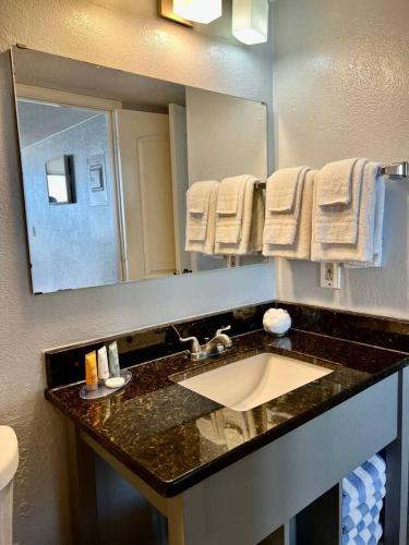 a bathroom with a sink and a mirror at Gorgeous Oceanfront Suite! 1Br Condo, Dog friendly! 706 in Myrtle Beach