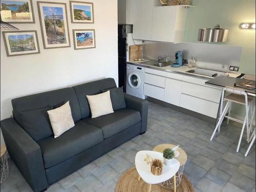 un salon avec un canapé et une cuisine dans l'établissement Mini villa Sainte Lucie 2 à 4 personnes, à Zonza