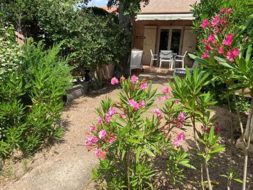 un jardin avec des fleurs roses en face d'une maison dans l'établissement Mini villa Sainte Lucie 2 à 4 personnes, à Zonza