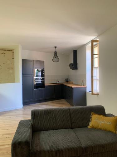 un salon avec un canapé et une cuisine dans l'établissement Maison de ville centre de Narbonne Amardeil, à Narbonne