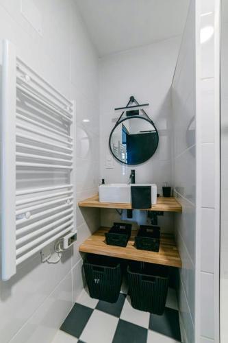 La salle de bains est pourvue d'un lavabo et d'un miroir sur une étagère. dans l'établissement Spacieux T3 en centre avec garage clos - calme et tout confort, à Rodez