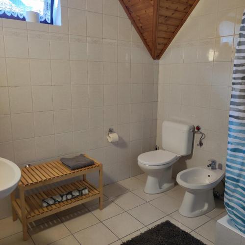 a bathroom with a toilet and a sink at Villart vendégház in Keszthely