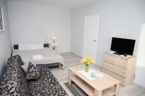 a living room with a couch and a tv at Side Apartments in Rakvere