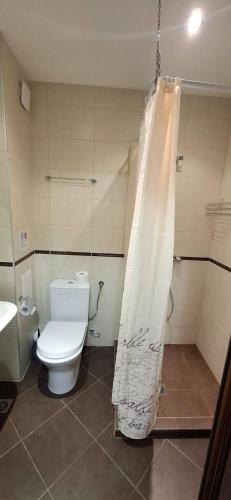 a bathroom with a toilet and a shower curtain at Byala Vista A-54 in Byala