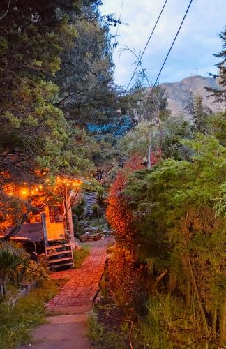 a pathway leading to a house with trees and lights at Cabaña en la Calera Ciprés in La Calera